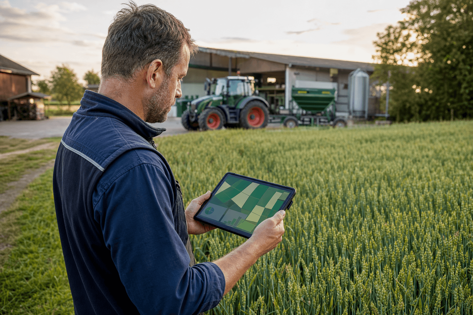 Landwirt nutzt AgrarBoard auf einem Tablet direkt am Feld